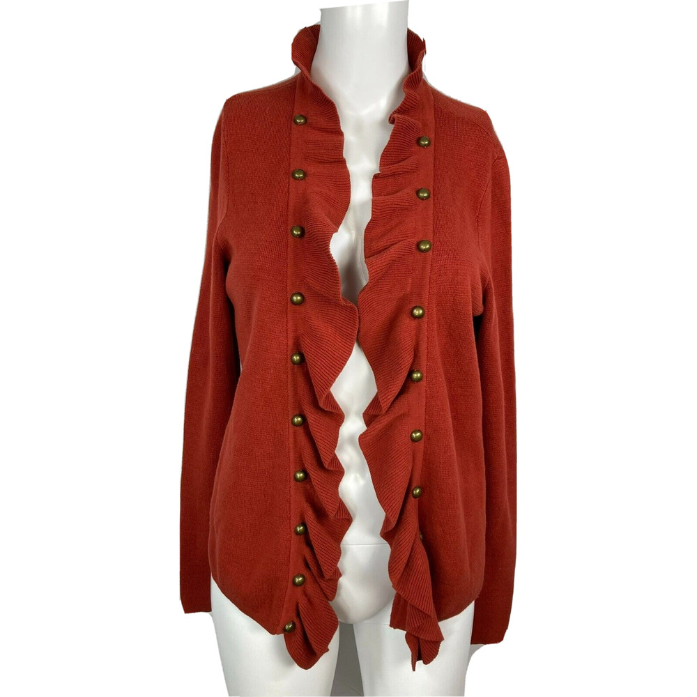 Chicos Cardigan Women Sz 0 US S Rust Orange Cotton Ruffle Front Sweater Studded